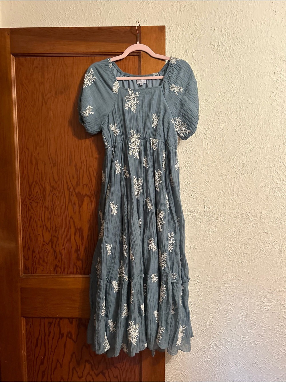 Polagram Dusty Blue Maxi Dress with White Floral Embroidery